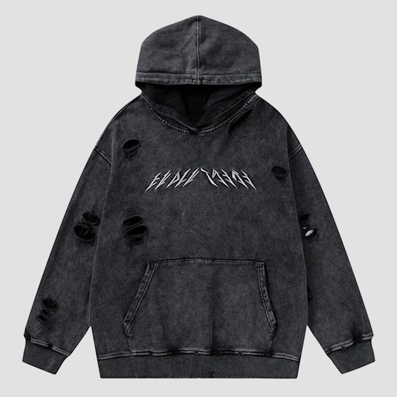 Ripped Hole Letters Embroidery Washed Hoodie