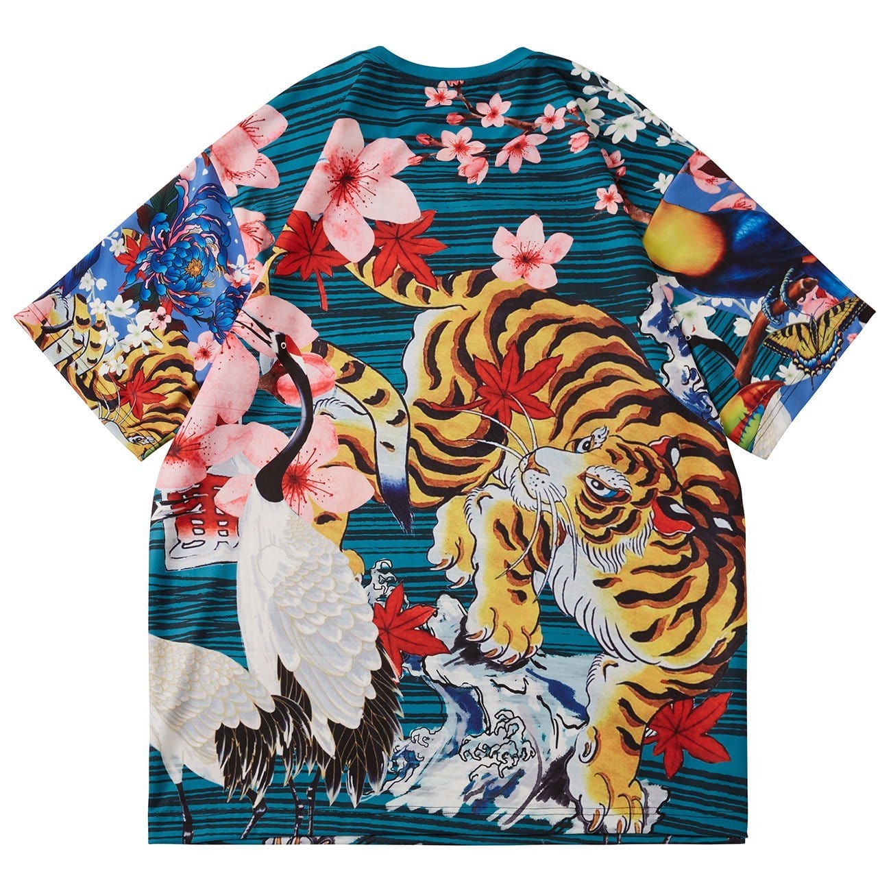 Cherry Blossoms Tiger Crane Print T-Shirt