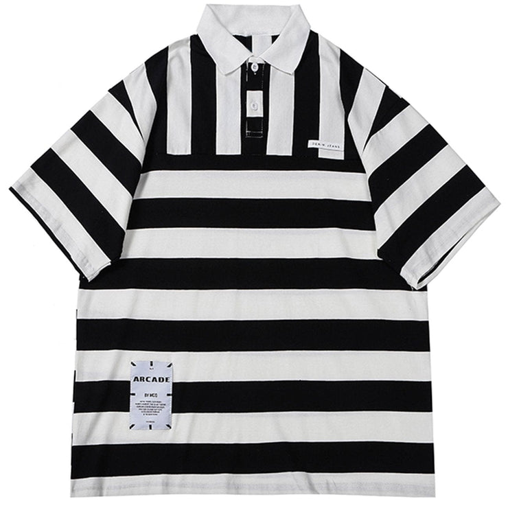 Stripe Color Matching Polo Collar T-Shirt