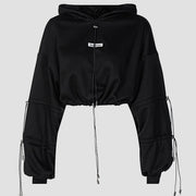 Letters Embroidery Drawstring Cropped Hoodie