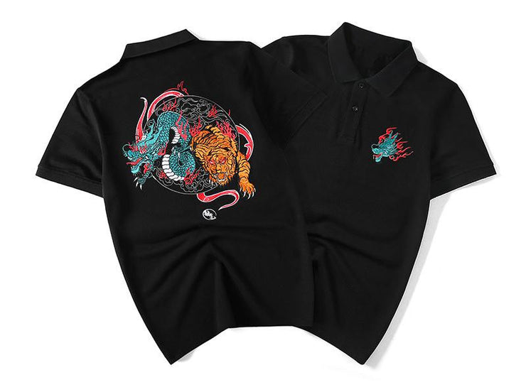 Roaring Dragon & Tiger Embroidery Polo Shirt MugenSoul Streetwear Brands Streetwear Clothing  Techwear