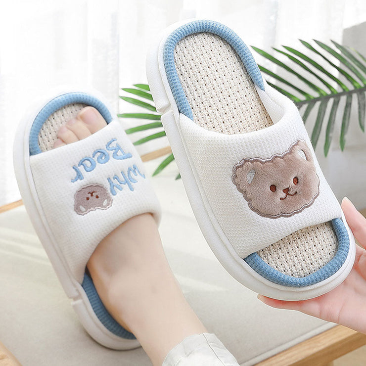 Bear Embroidered Linen Slippers