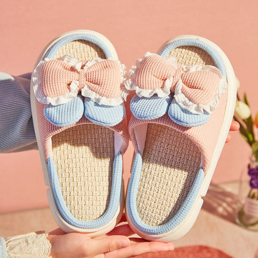 Lace Bow Linen Slippers