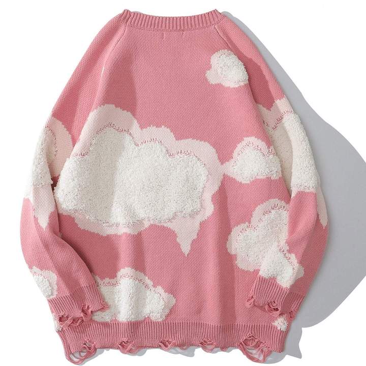 Embroidered Clouds Rounded Collar Ripped Sweater
