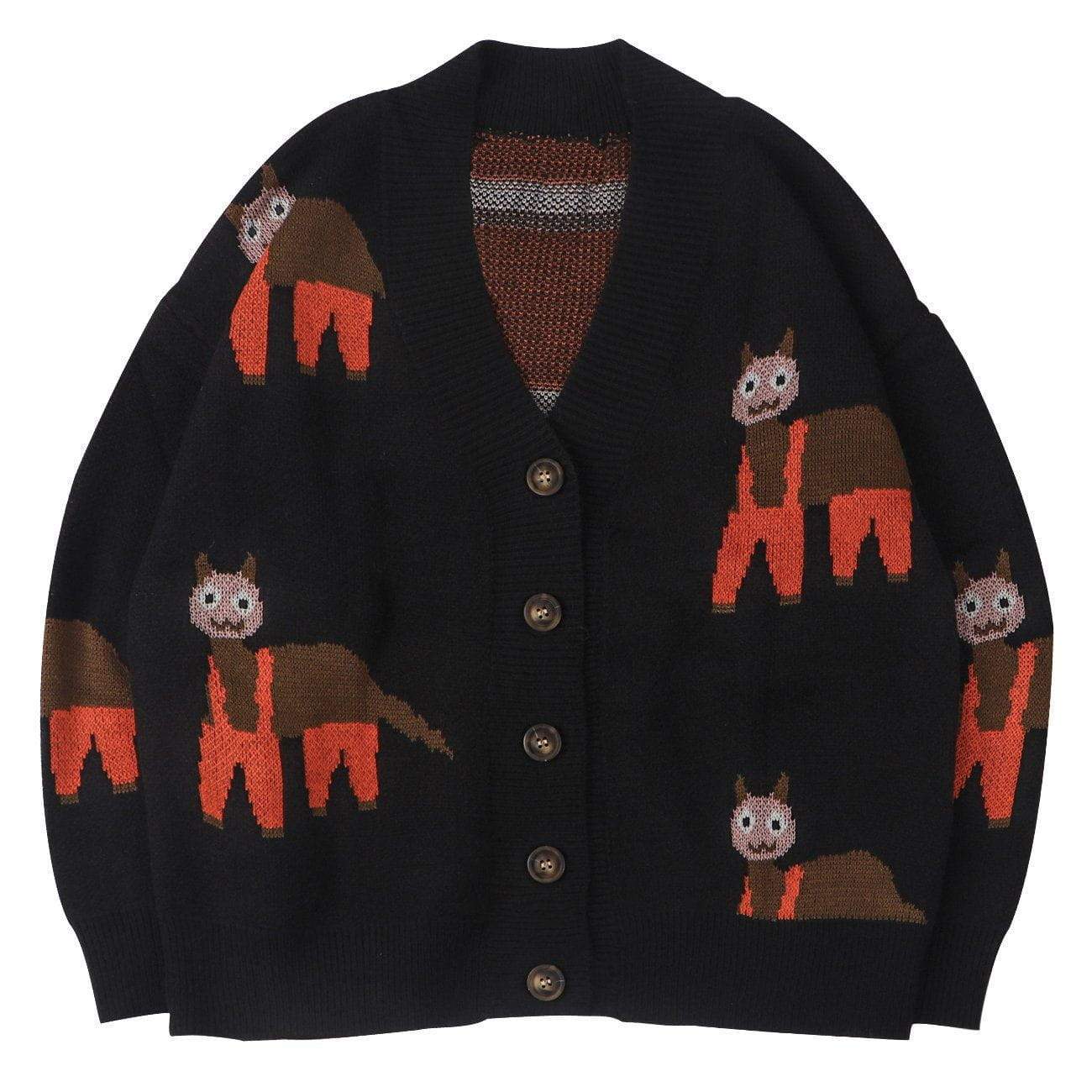 Embroidered Llama Buttons Closure Knit Cardigan Sweater