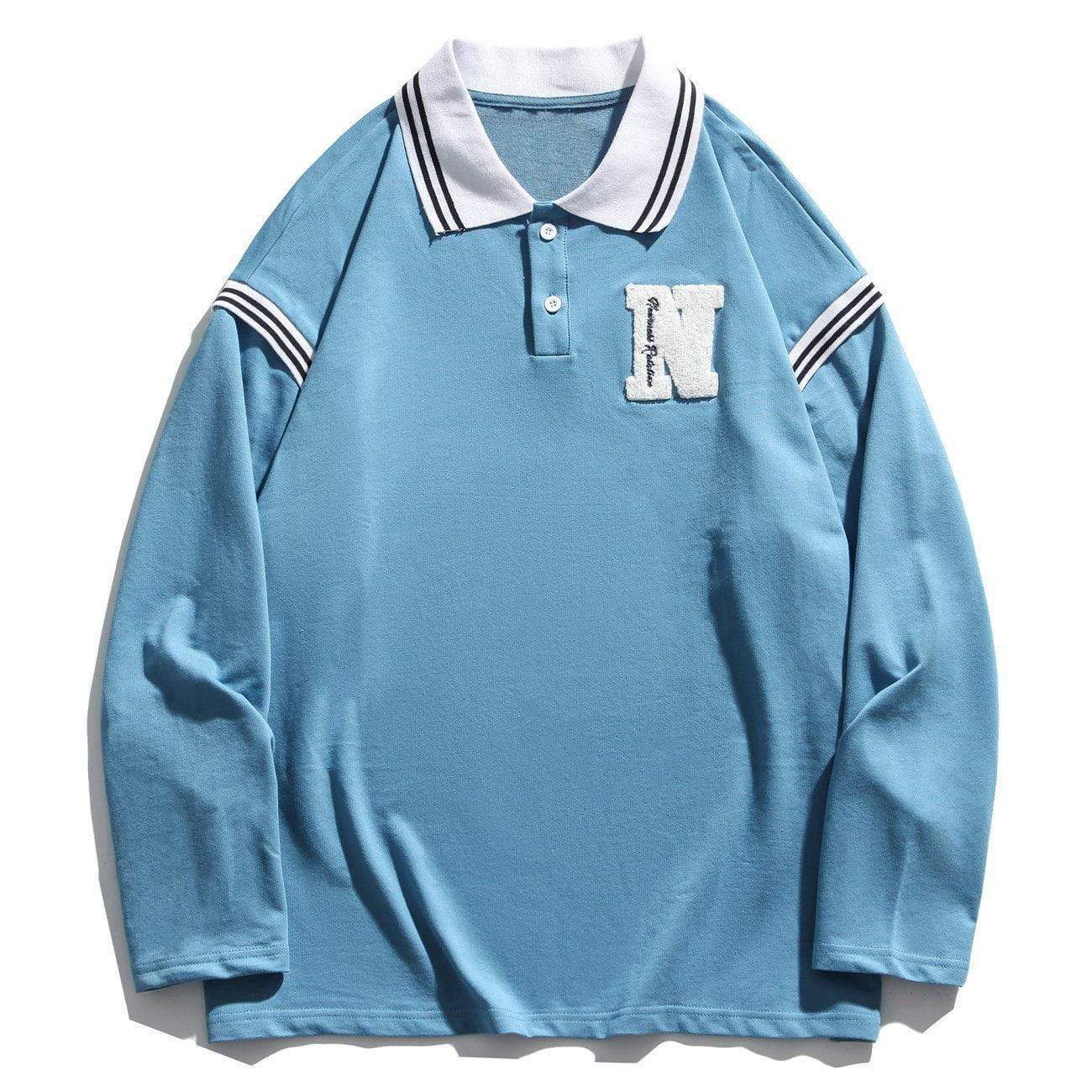 Embroidered Retro Letters Polo Collar Soft Cotton Sweatshirt