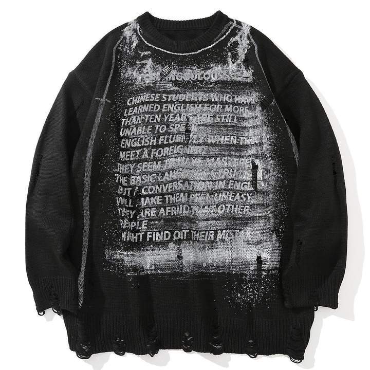 Letter Full Printed Ripped Retro Sweater