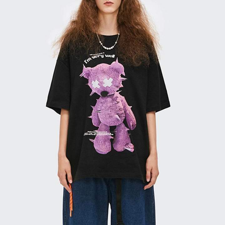Printed Teddy Bear Rounded Collar Soft Cotton T-Shirt