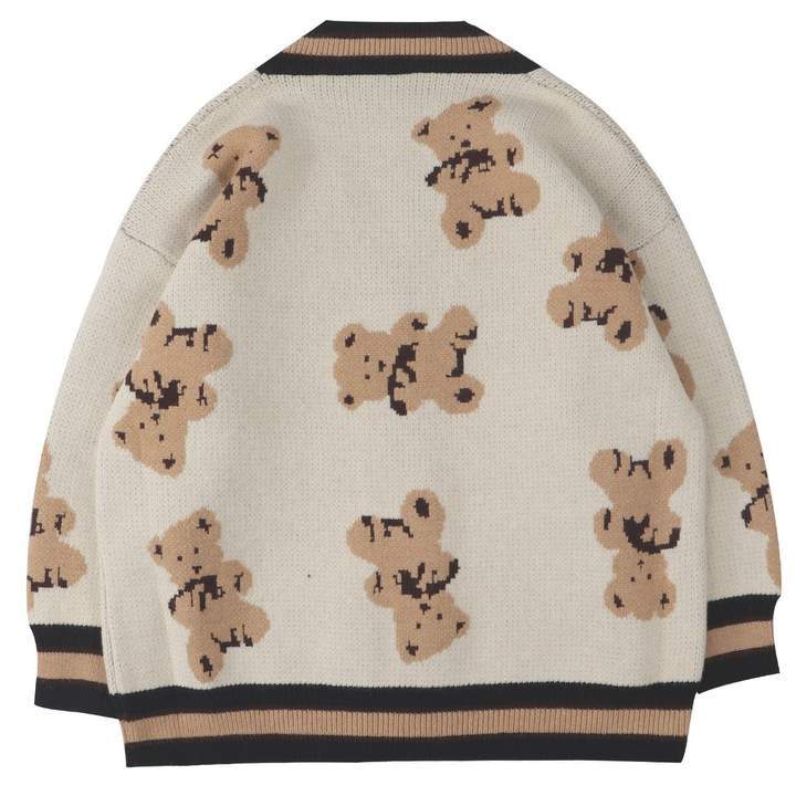 Embroidered Teddy Bear V-Collar Buttons Closure Cardigan Sweater