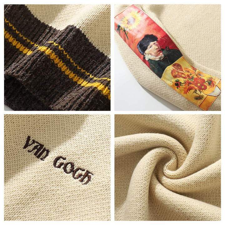 Embroidered Patches Van Gogh Design Round Collar Sweater