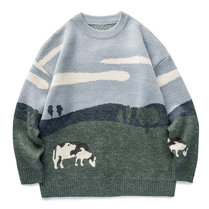 Embroidered Vintage Cow Rounded Collar Sweater