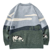 Embroidered Vintage Cow Rounded Collar Sweater