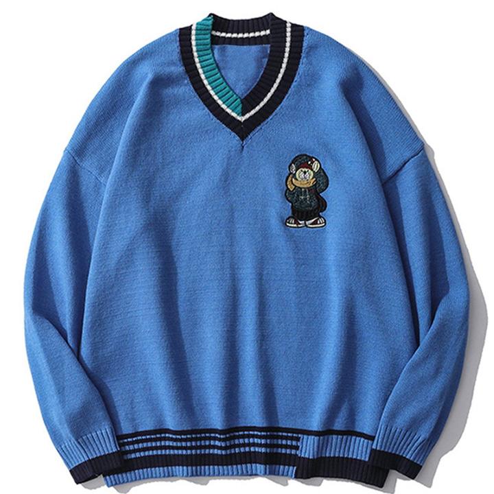 Vintage V Neck Bear Embroidery Sweater