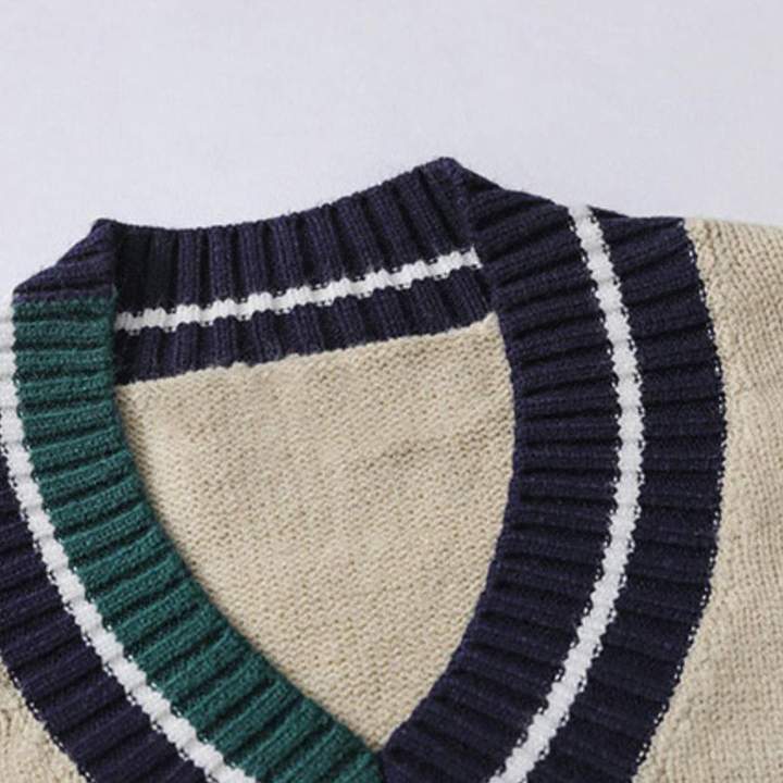 Vintage V Neck Bear Embroidery Sweater